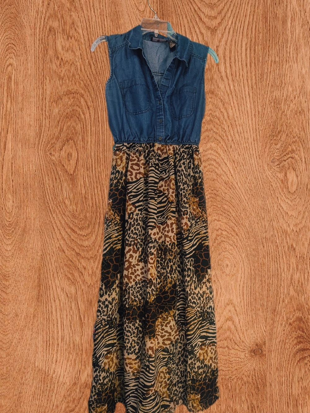 Denim Top Maxi Dress with Animal-Print Skirt